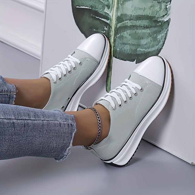 womens solid color trendy sneakers lace up soft sole platform casual walking shoes versatile low top canvas shoes details 1