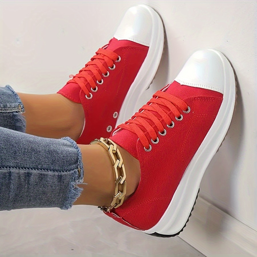 womens solid color trendy sneakers lace up soft sole platform casual walking shoes versatile low top canvas shoes details 2