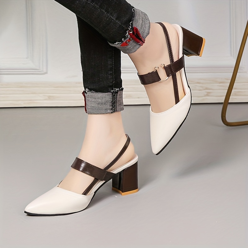 womens chunky heeled sandals two tone pointed toe slip on mid heels all match slingback sandals details 3
