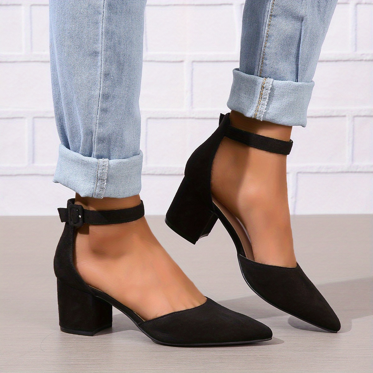 womens dorsay chunky mid heels solid color pointed toe ankle strap sandals versatile fashion sandals details 12