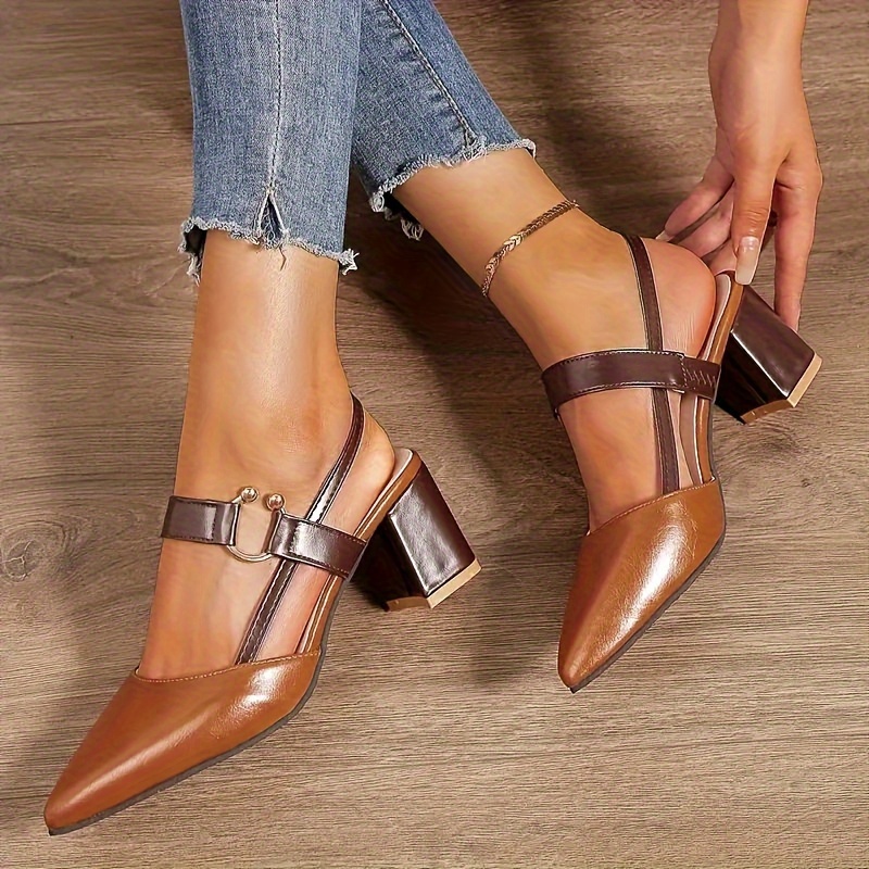womens trendy chunky heel sandals elegant point toe dress pumps fashion slingback heels details 1
