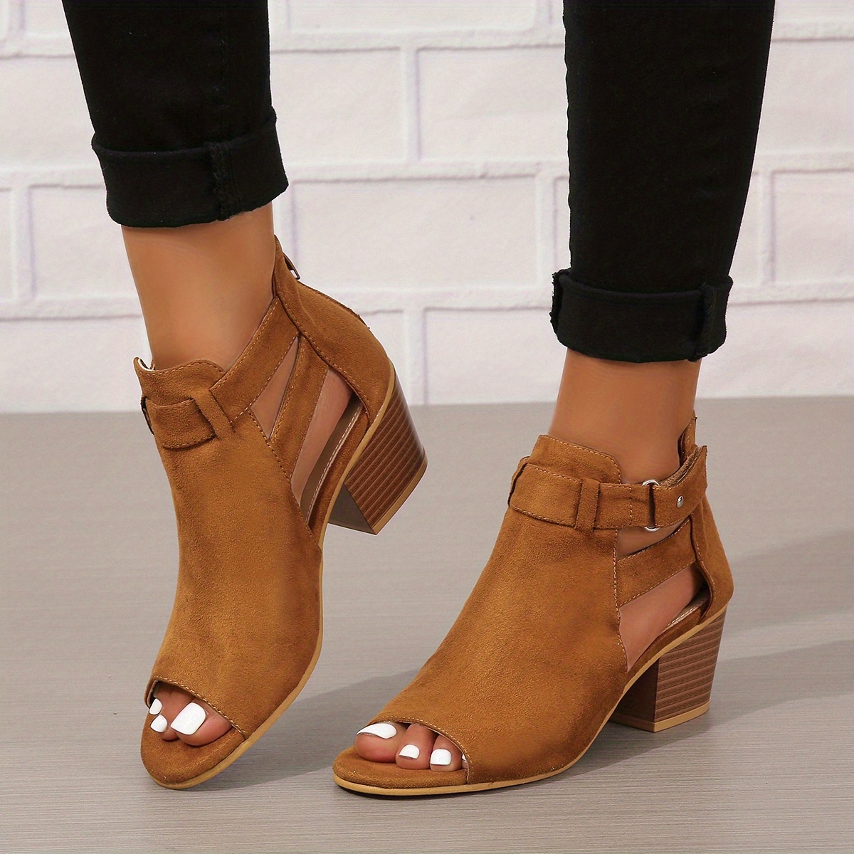 womens chunky heeled sandals peep toe solid color cut out back zipper low heels retro stacked heeled sandals details 7