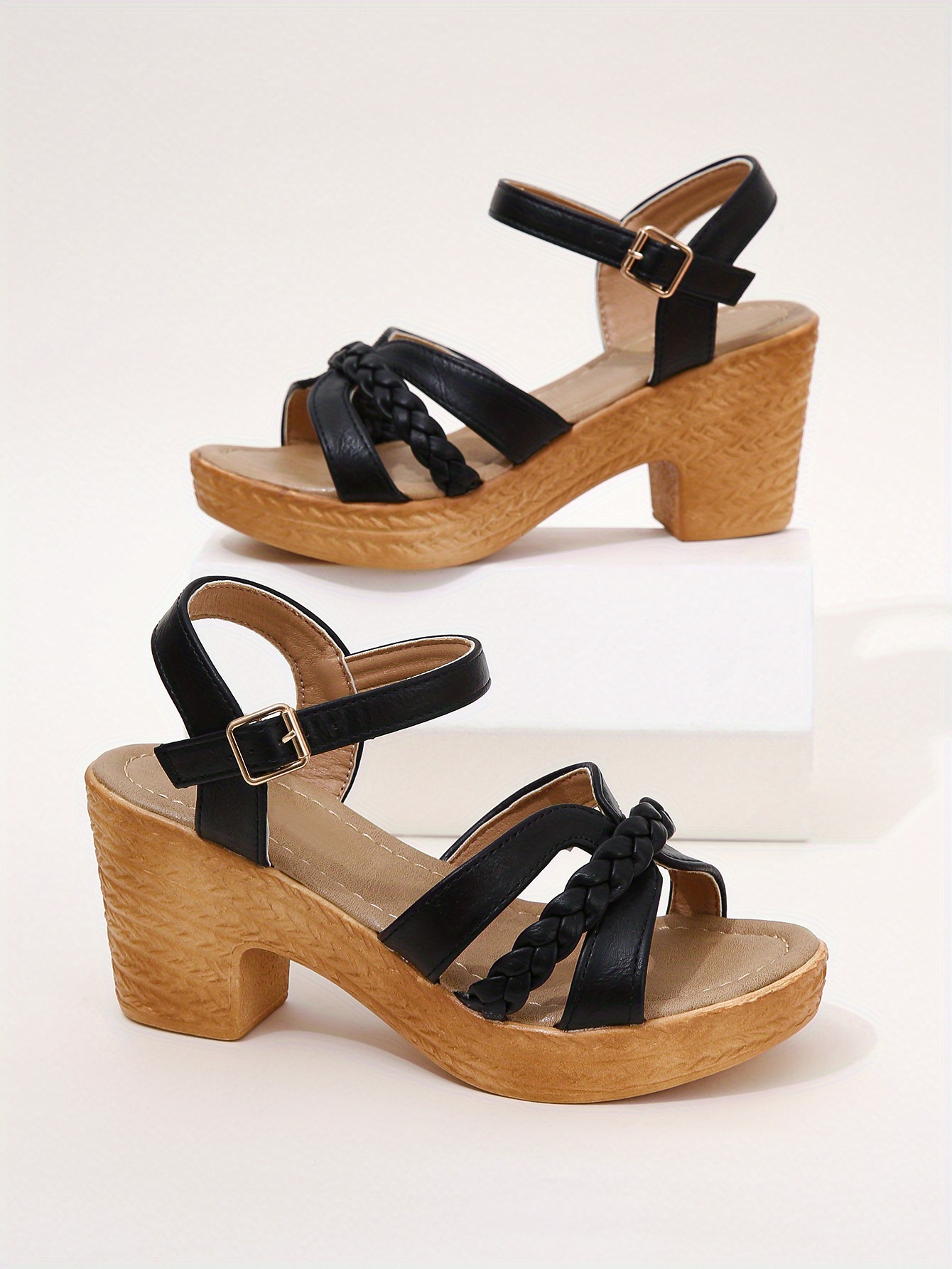 womens braided chunky heel sandals casual buckle strap summer shoes fashion dress pumps details 5