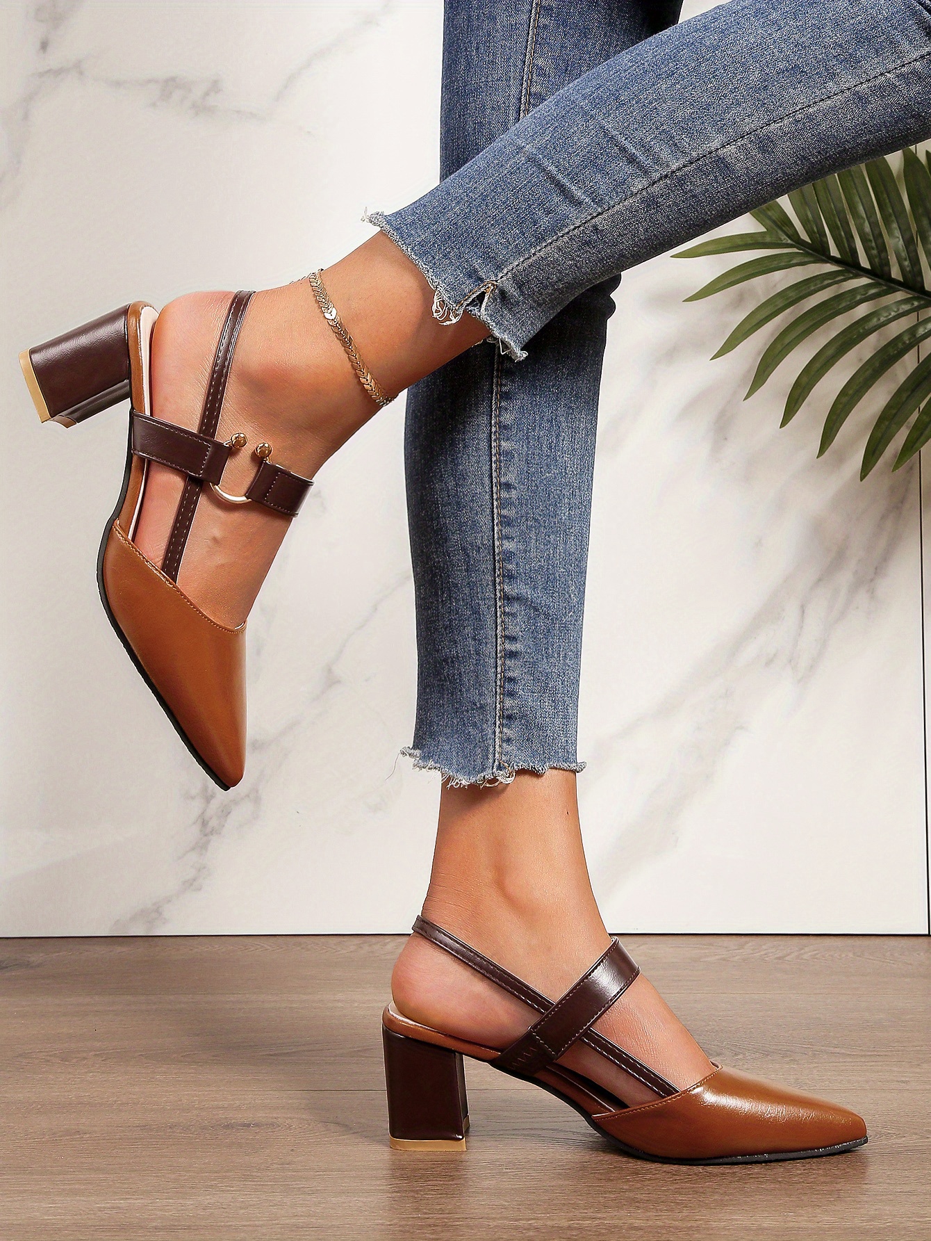 womens pointed toe block high heel sandals fashion solid color slingback shoes versatile mid heels details 14