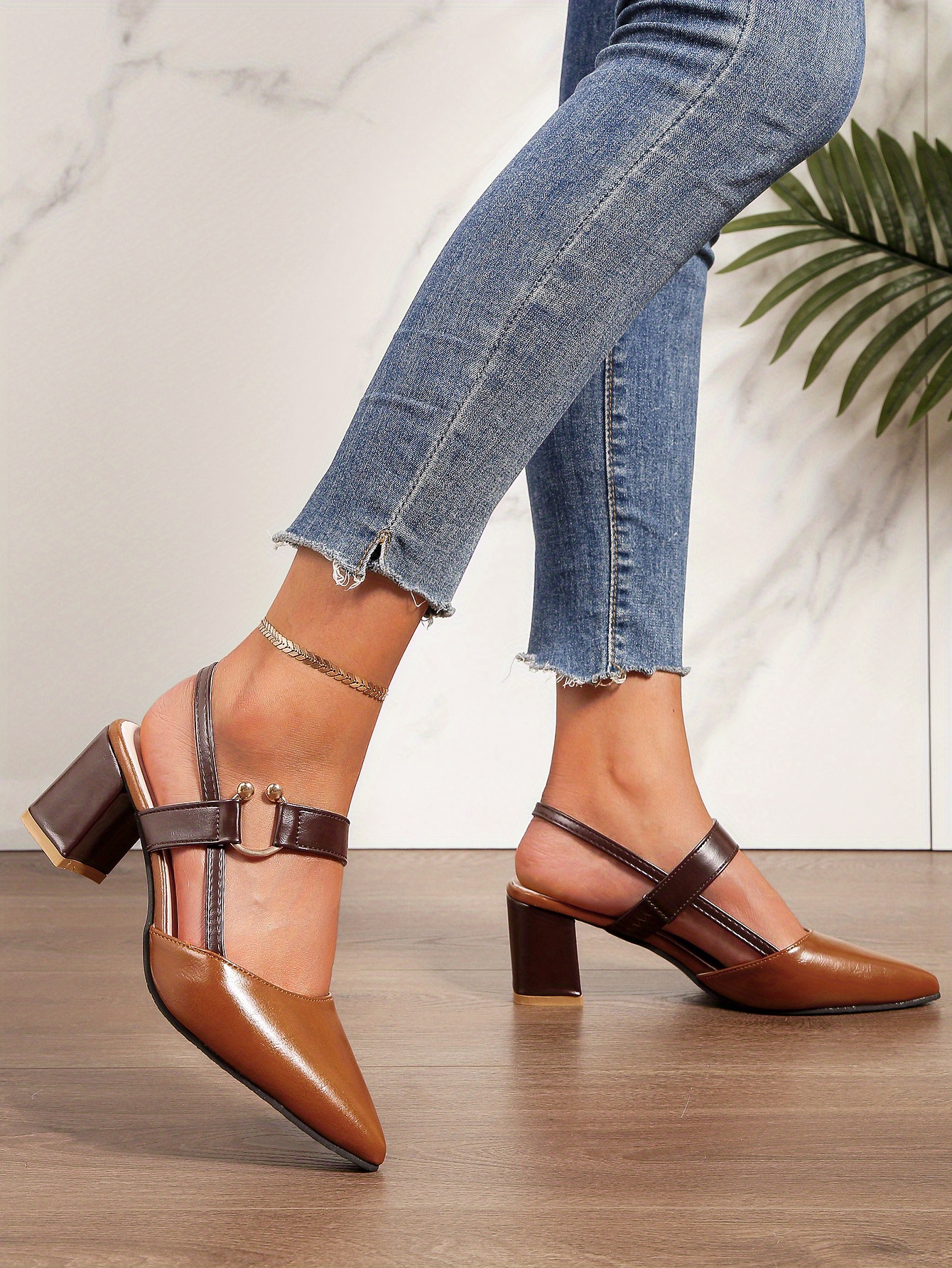 womens pointed toe block high heel sandals fashion solid color slingback shoes versatile mid heels details 15