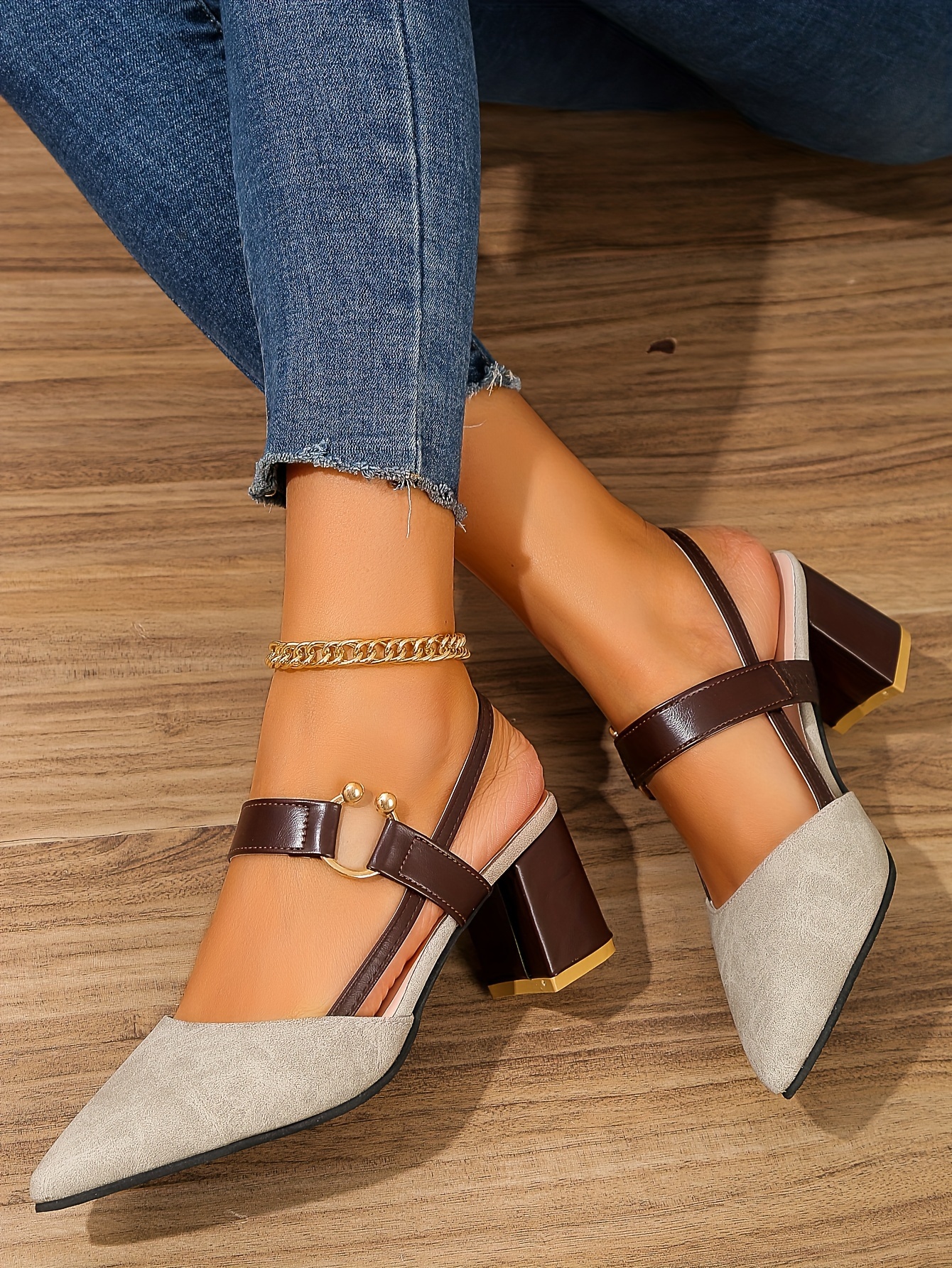 womens pointed toe block high heel sandals fashion solid color slingback shoes versatile mid heels details 27