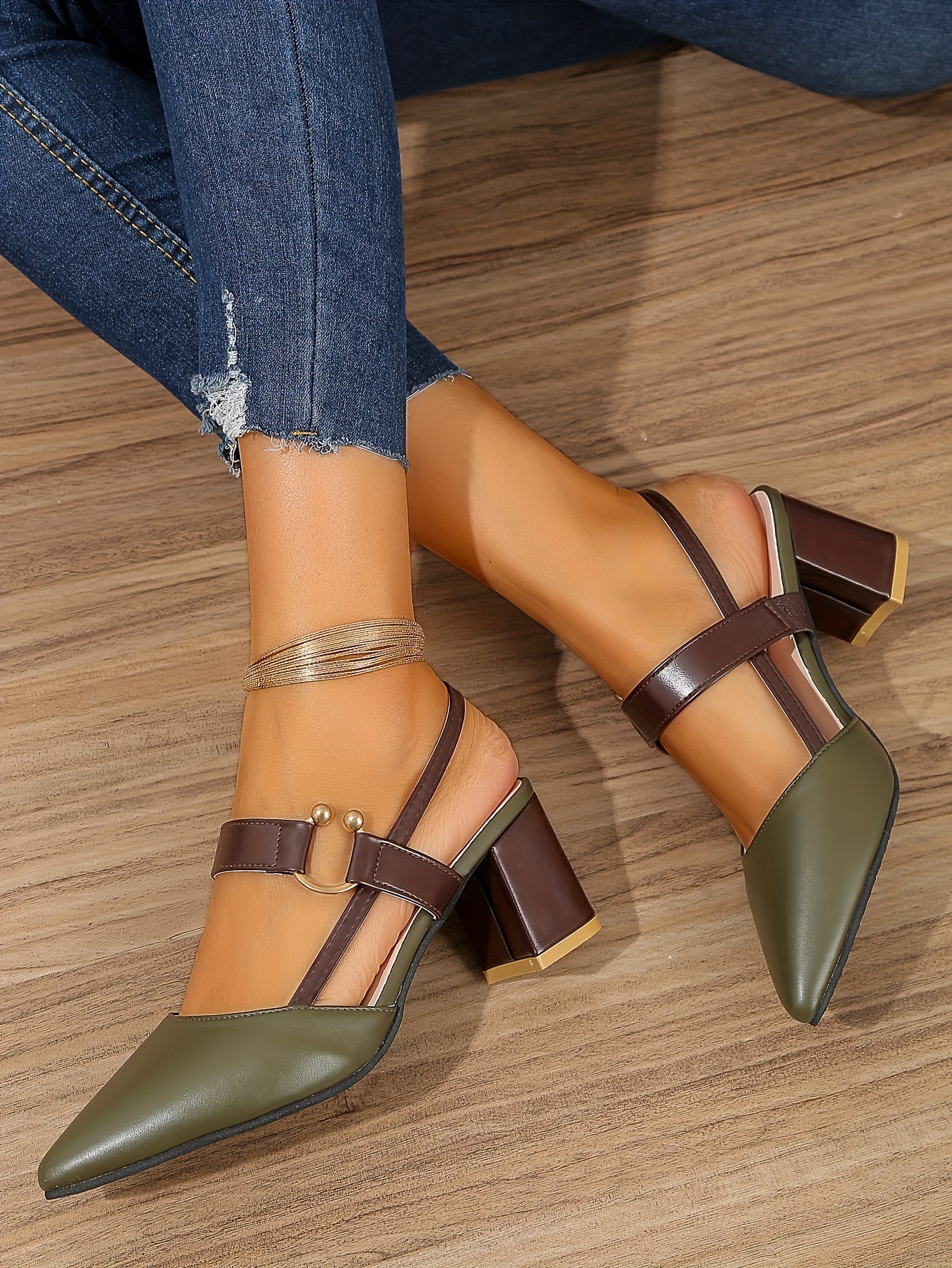womens pointed toe block high heel sandals fashion solid color slingback shoes versatile mid heels details 45