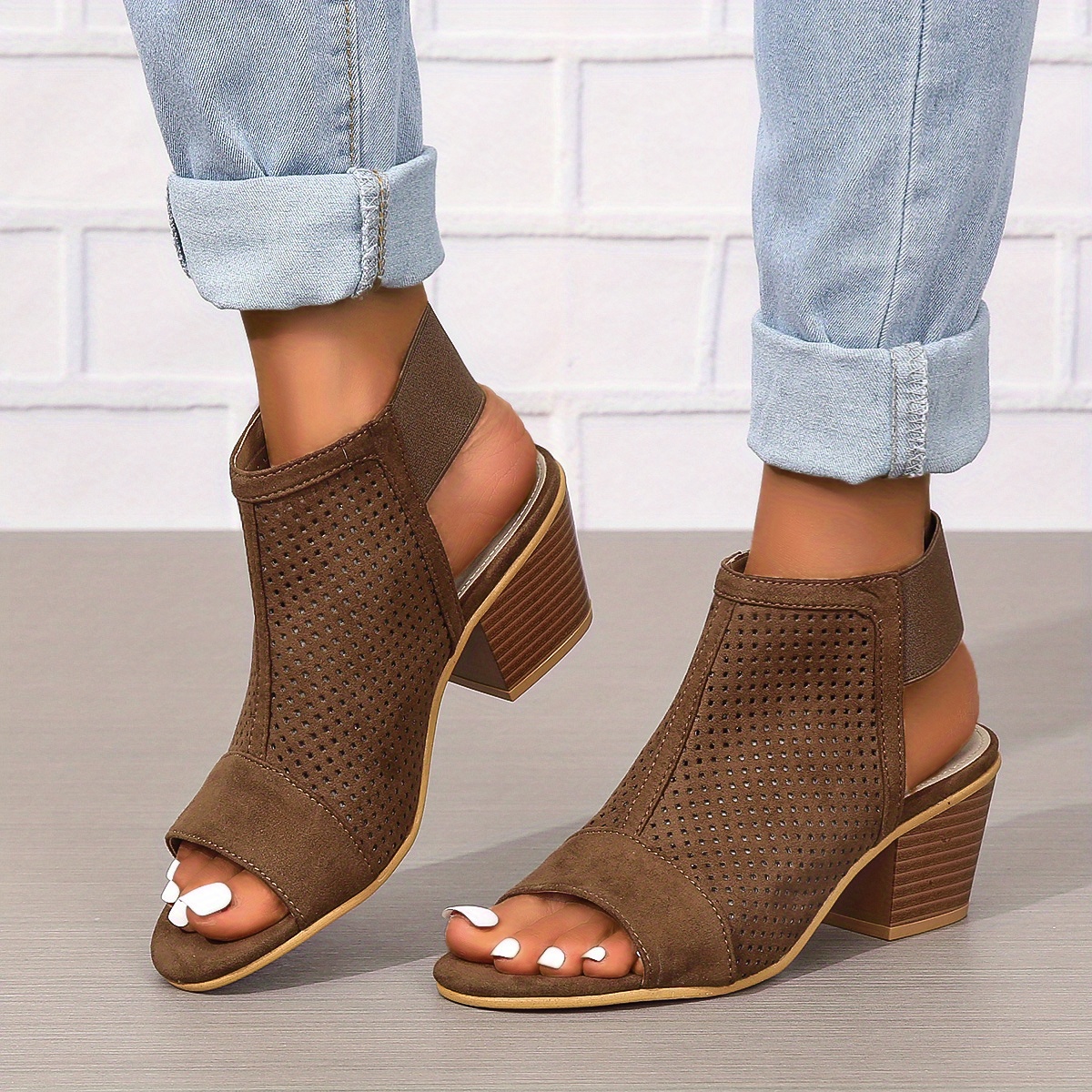 womens chunky heeled sandals retro perforated peep toe elastic strap slingback shoes solid color slip on sandals details 1