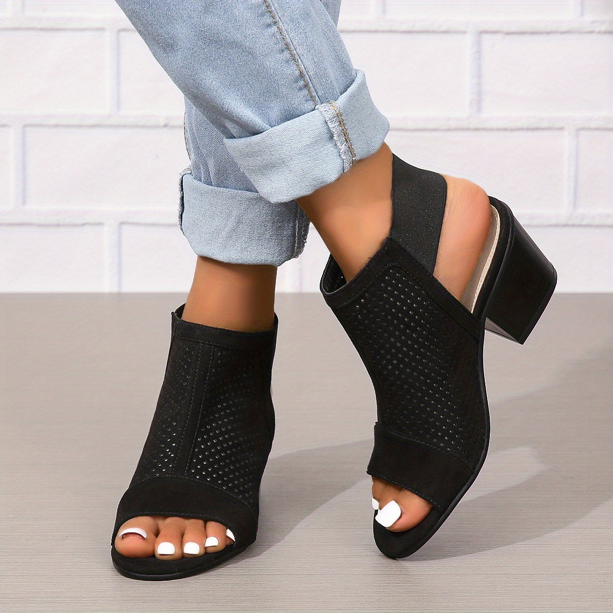 womens chunky heeled sandals retro perforated peep toe elastic strap slingback shoes solid color slip on sandals details 9