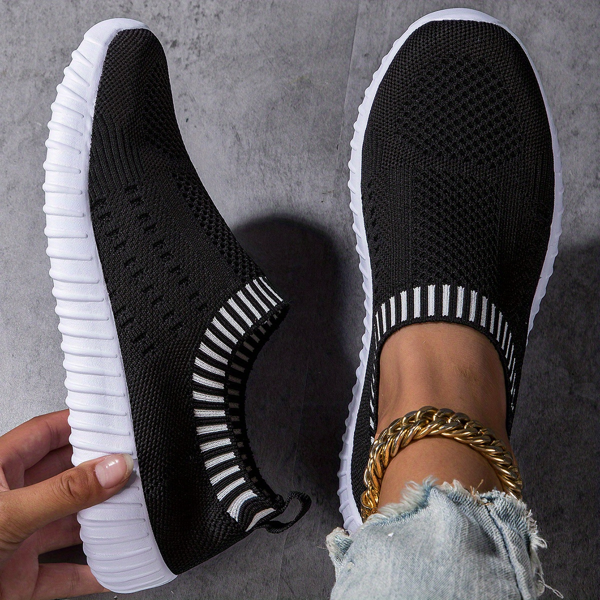 Women s Elastic Sock Sneakers, Breathable Slip On Low Top Running Trainers, Casual Lightweight Walking Shoes details 3
