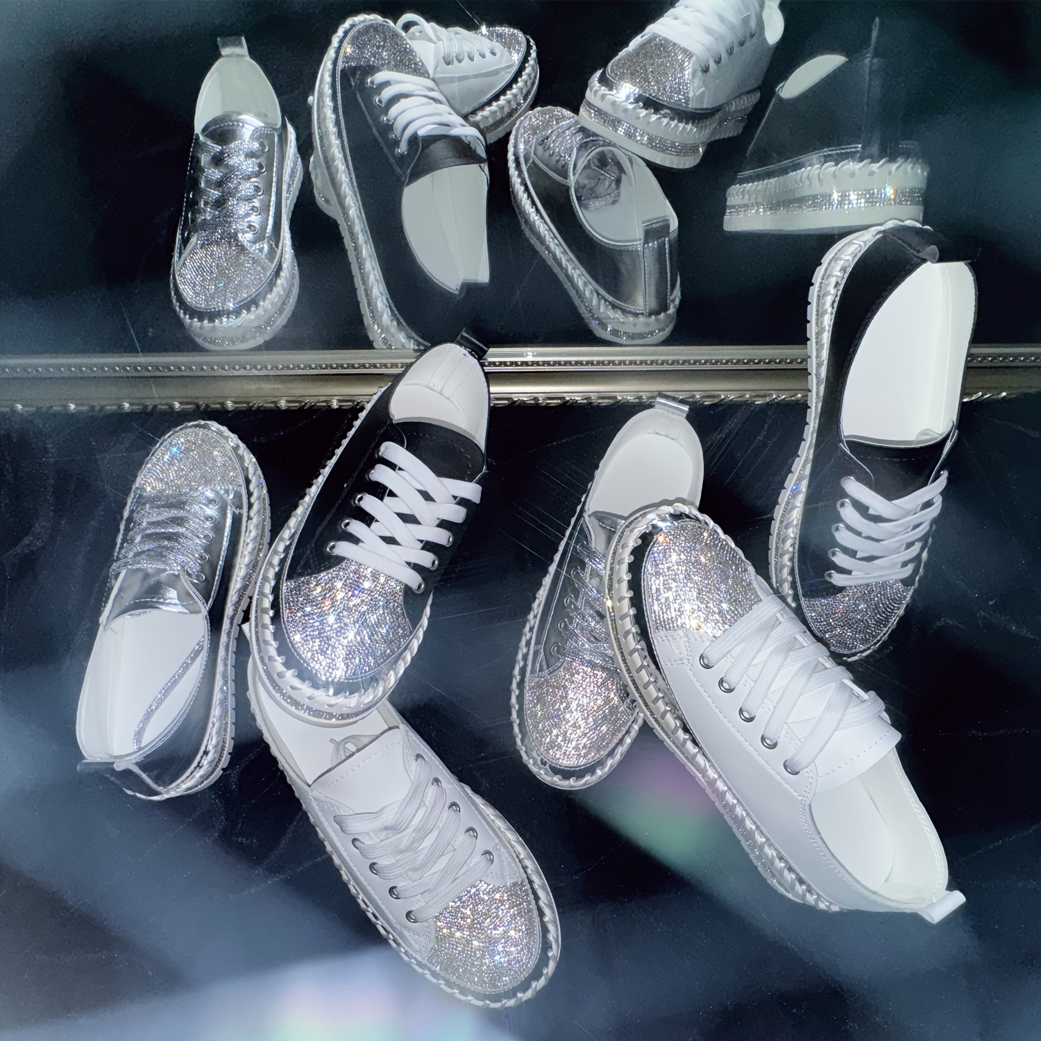 rhinestone flat sneakers, womens rhinestone flat sneakers fashion round toe lace up low top skate shoes all match outdoor trainers details 7