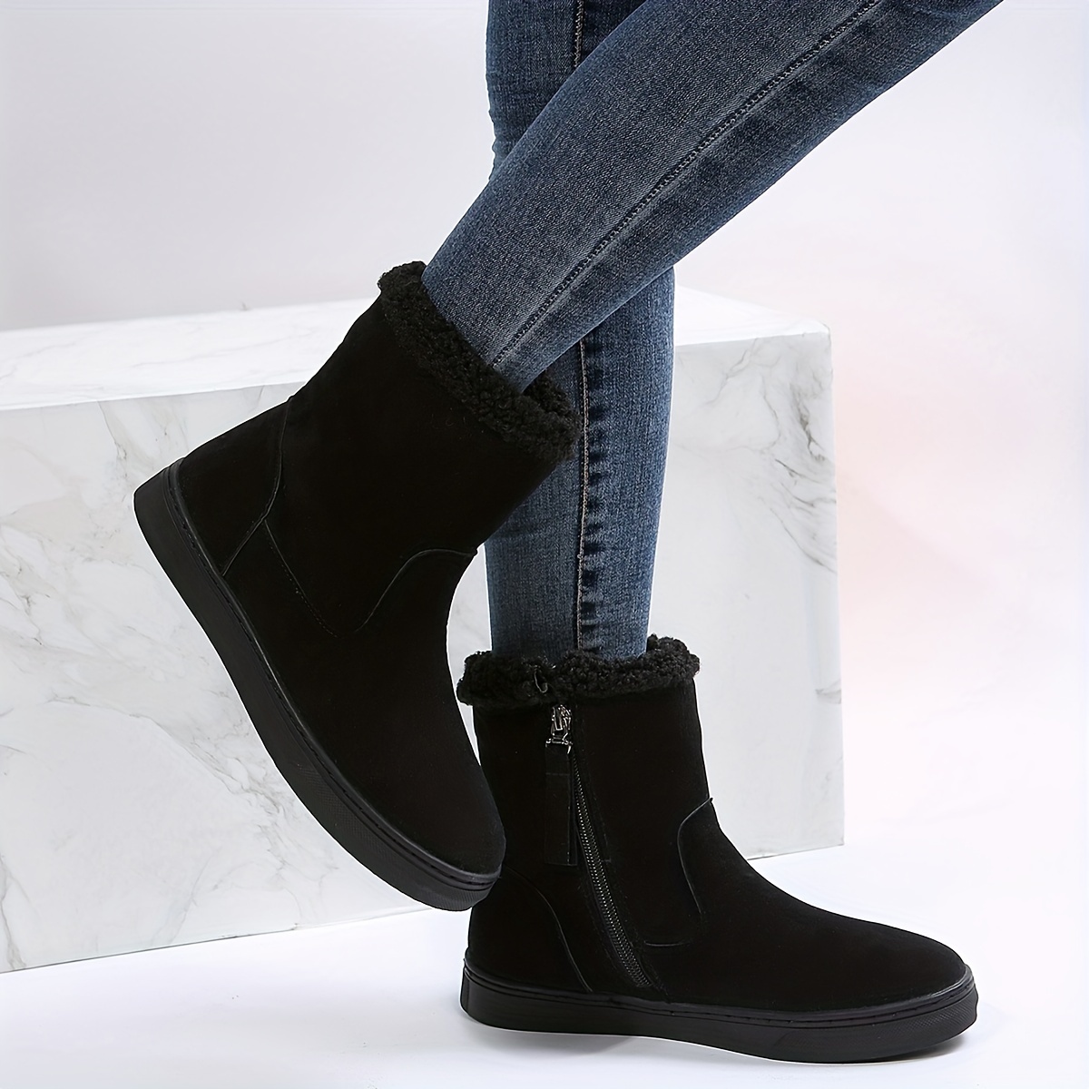 womens solid color short boots casual side zipper plush lined boots womens comfortable boots details 4