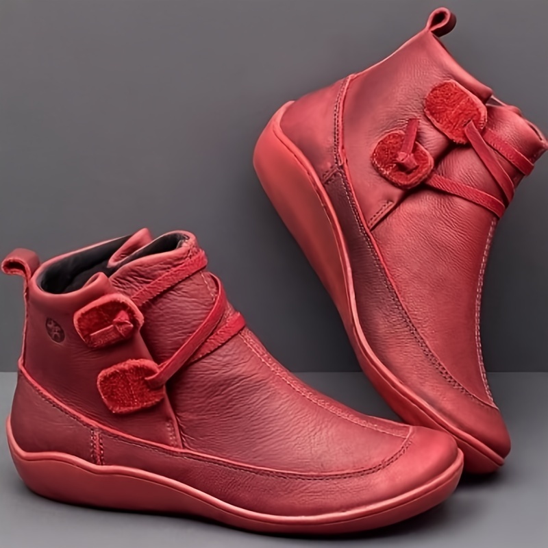 womens retro ankle boots solid color slip on faux leather flat boots womens footwear details 1