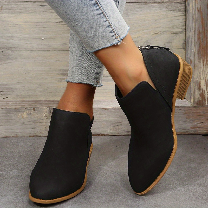 womens chunky heeled ankle boots pointed toe zipper stacked heeled shoes retro short boots details 2