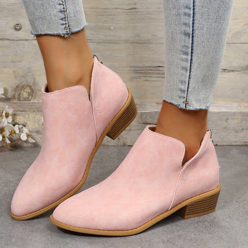 womens chunky heeled ankle boots pointed toe zipper stacked heeled shoes retro short boots details 3