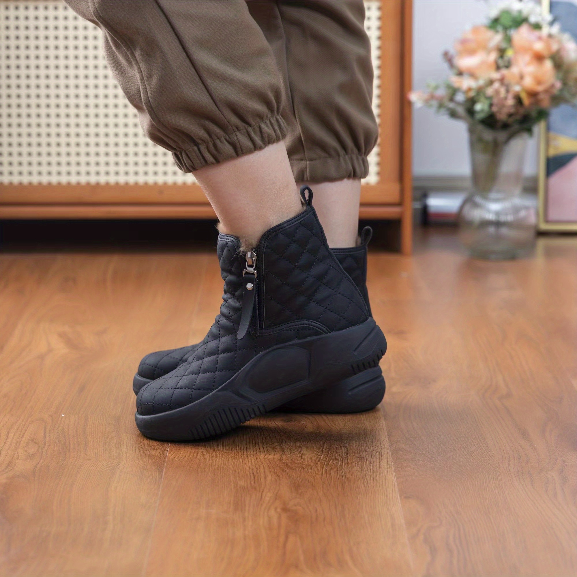 womens solid color boots side zipper quilted pattern slip on round toe velvet warm fluffy soft shoes winter comfy shoes details 2