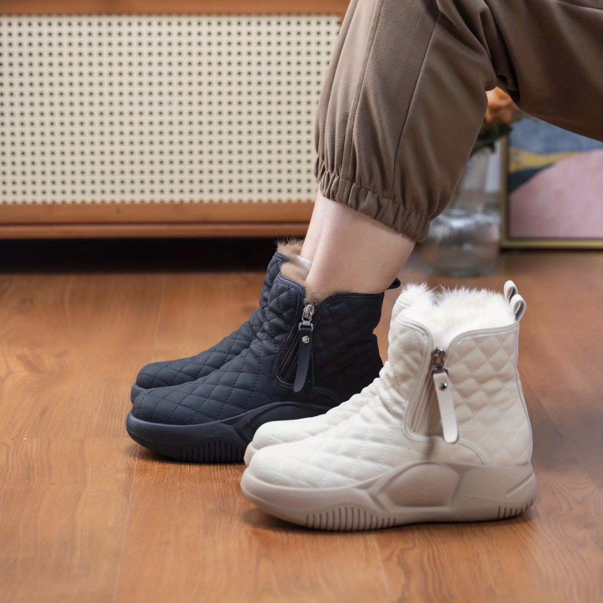womens solid color boots side zipper quilted pattern slip on round toe velvet warm fluffy soft shoes winter comfy shoes details 6
