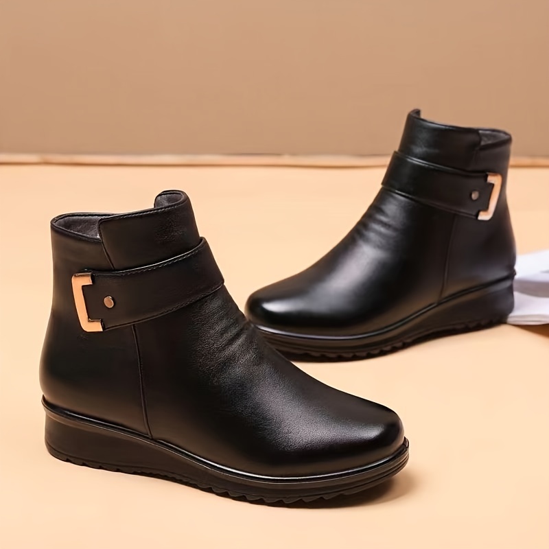womens winter plush lined ankle boots buckle detail side zipper warm boots thermal outdoor short boots details 0