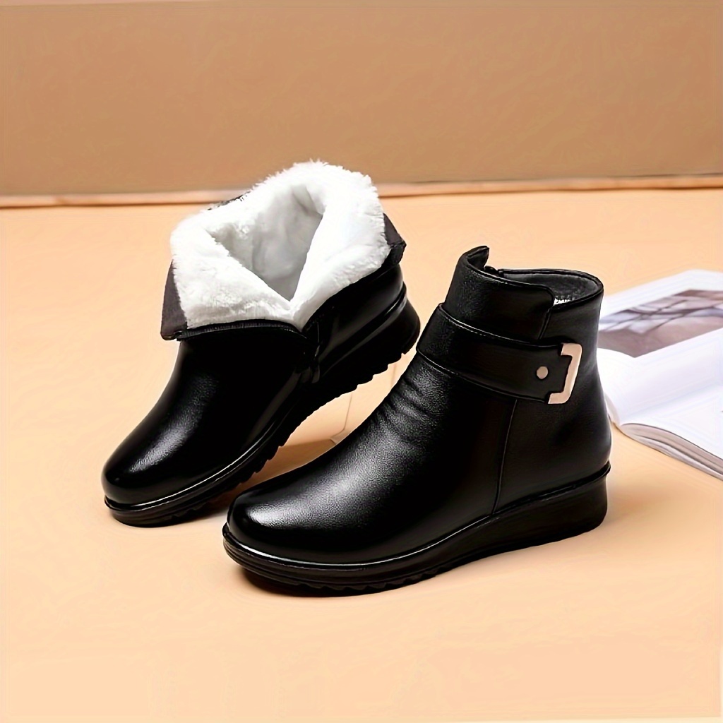 womens winter plush lined ankle boots buckle detail side zipper warm boots thermal outdoor short boots details 1