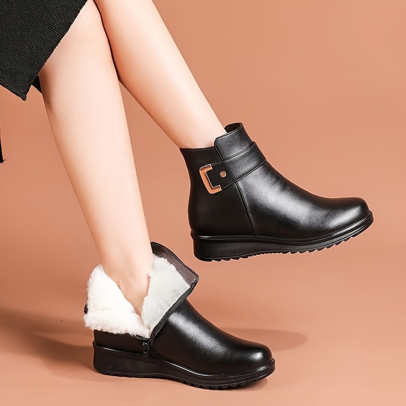 womens winter plush lined ankle boots buckle detail side zipper warm boots thermal outdoor short boots details 3