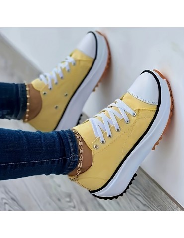 Women's Platform Canvas Sneakers, Casual Solid Color Lace Up Trainers, All-Match Walking Sports Shoes