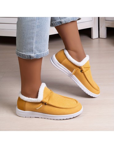 Women's Solid Color Lined Shoes, Slip On Fluffy Warm Flat Non-slip Canvas Shoes, Plush Winter Comfy Shoes