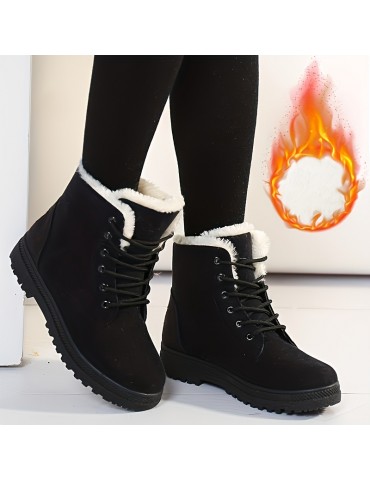 Women's Suedette Pattern Flatform Boots, Lace Up Thick Bottom Velvet Warm Non-slip Snow Boots, Wear-resistant Comfy Shoes