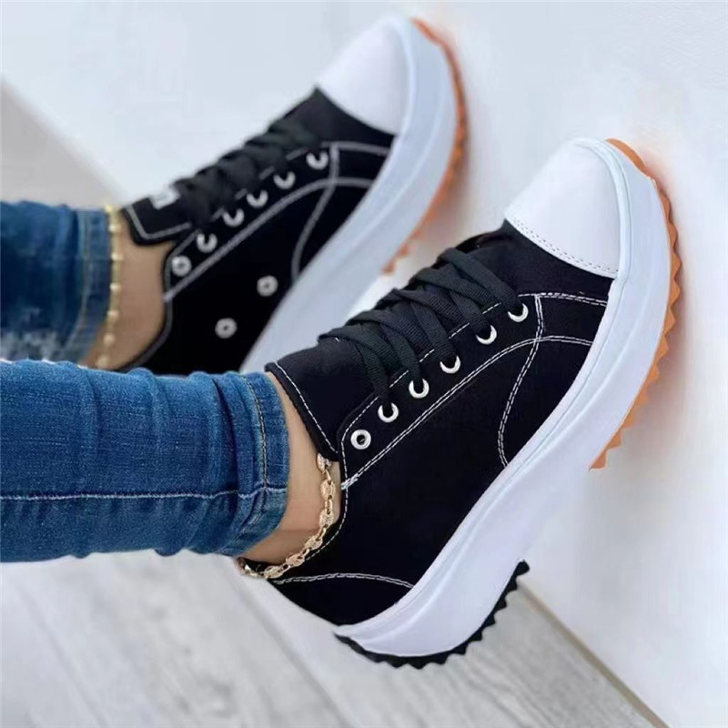 womens platform canvas sneakers solid color lace up low top trainers casualall match walking shoes details 1