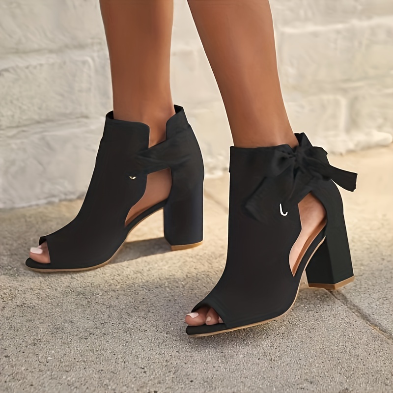 womens bowknot design sandals peep toe side cut out solid color chunky heel shoes summer holiday dress shoes details 1