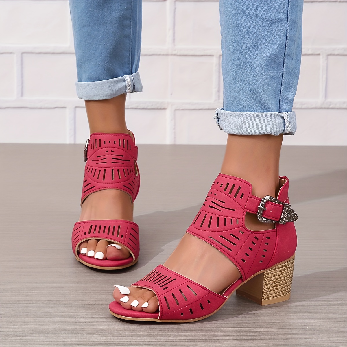 chunky heeled sandals, womens chunky heeled sandals peep toe perforated ankle buckle strap mid heels back zipper design sandals details 10